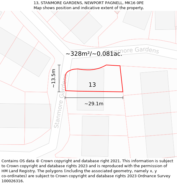 13, STANMORE GARDENS, NEWPORT PAGNELL, MK16 0PE: Plot and title map