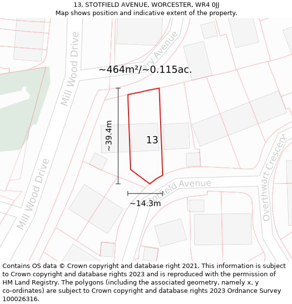13, STOTFIELD AVENUE, WORCESTER, WR4 0JJ: Plot and title map