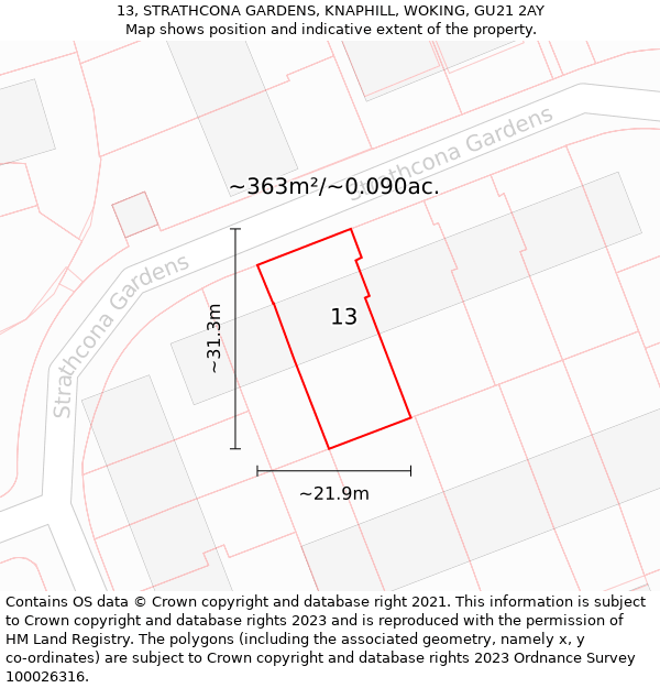 13, STRATHCONA GARDENS, KNAPHILL, WOKING, GU21 2AY: Plot and title map