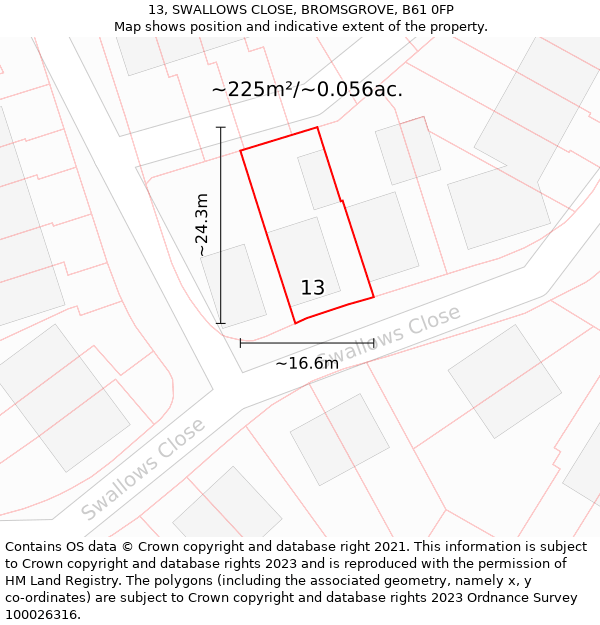 13, SWALLOWS CLOSE, BROMSGROVE, B61 0FP: Plot and title map