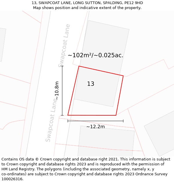 13, SWAPCOAT LANE, LONG SUTTON, SPALDING, PE12 9HD: Plot and title map