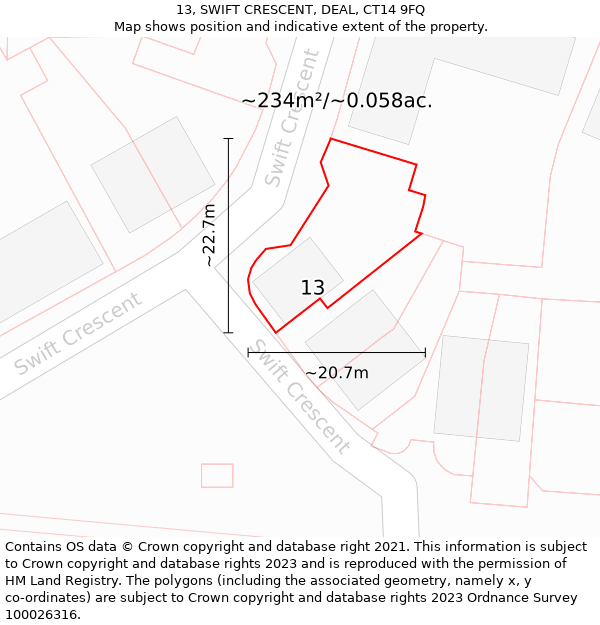 13, SWIFT CRESCENT, DEAL, CT14 9FQ: Plot and title map