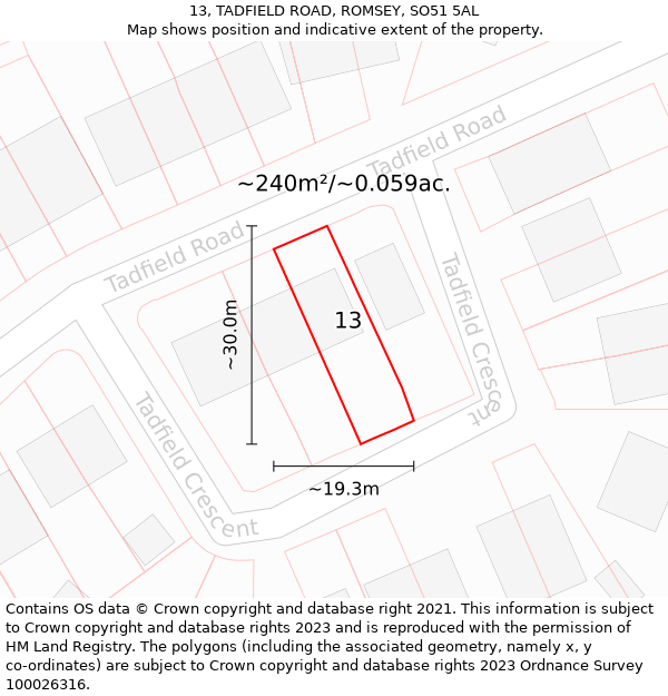 13, TADFIELD ROAD, ROMSEY, SO51 5AL: Plot and title map