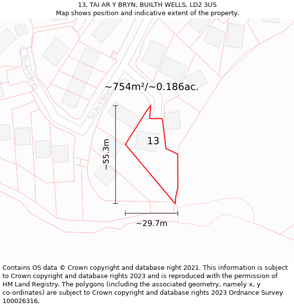 13, TAI AR Y BRYN, BUILTH WELLS, LD2 3US: Plot and title map