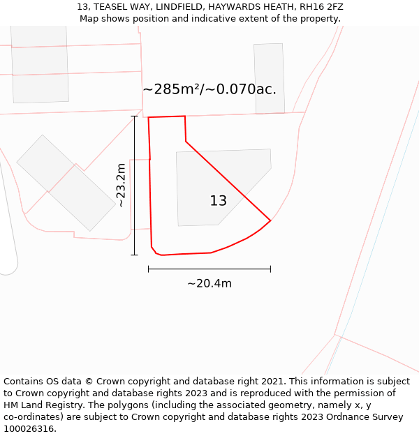 13, TEASEL WAY, LINDFIELD, HAYWARDS HEATH, RH16 2FZ: Plot and title map