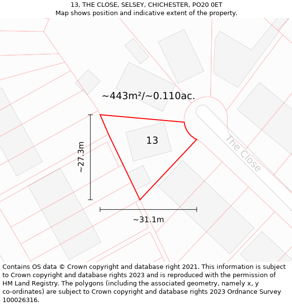 13, THE CLOSE, SELSEY, CHICHESTER, PO20 0ET: Plot and title map