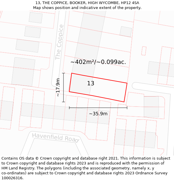 13, THE COPPICE, BOOKER, HIGH WYCOMBE, HP12 4SA: Plot and title map