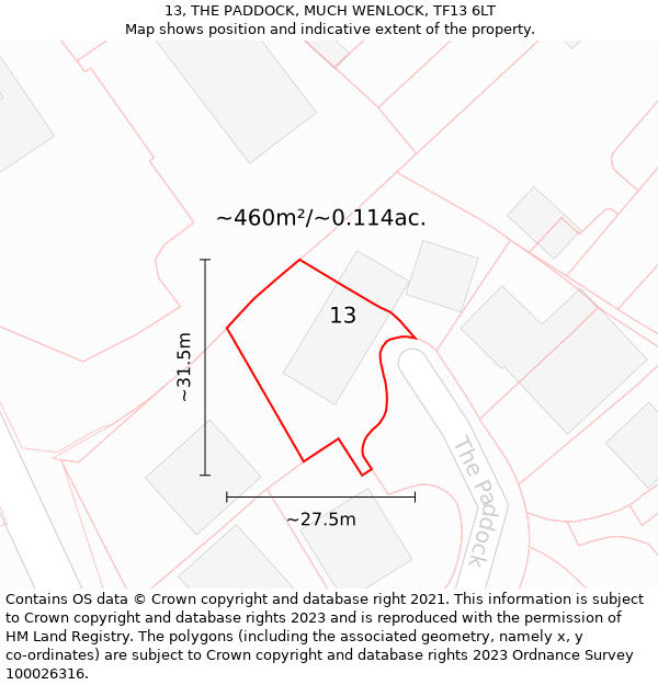 13, THE PADDOCK, MUCH WENLOCK, TF13 6LT: Plot and title map