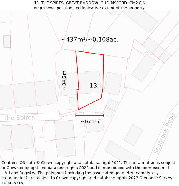 13, THE SPIRES, GREAT BADDOW, CHELMSFORD, CM2 8JN: Plot and title map