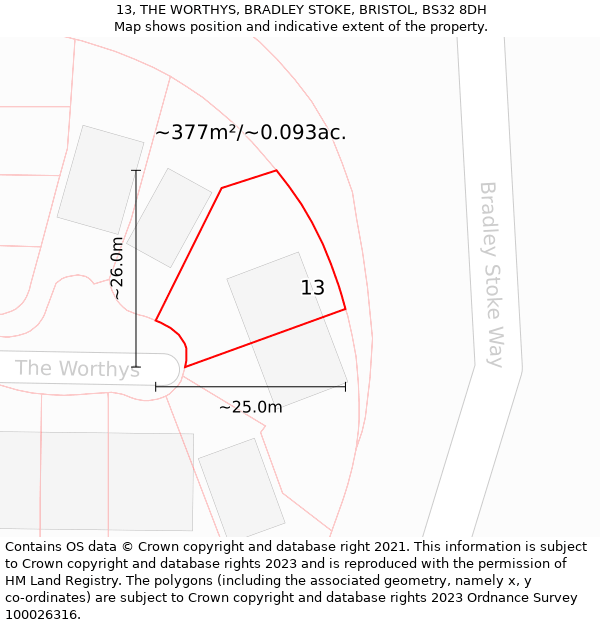 13, THE WORTHYS, BRADLEY STOKE, BRISTOL, BS32 8DH: Plot and title map