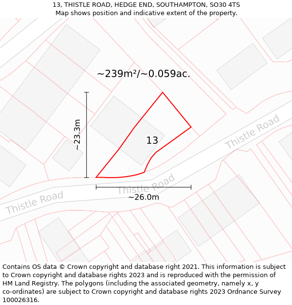 13, THISTLE ROAD, HEDGE END, SOUTHAMPTON, SO30 4TS: Plot and title map