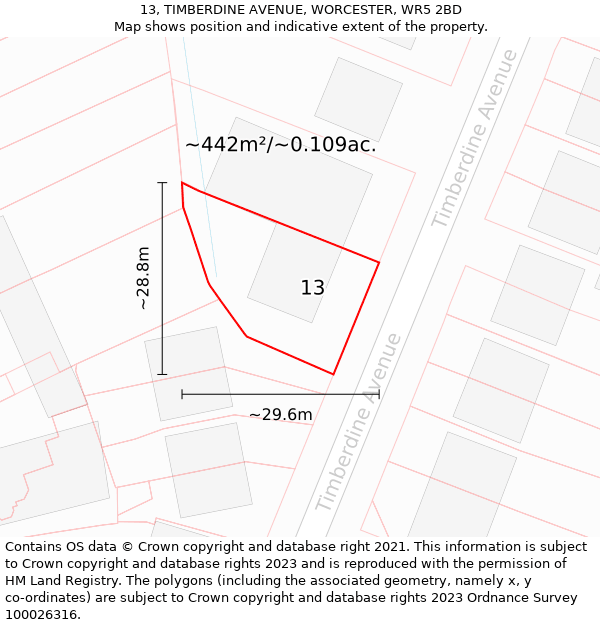 13, TIMBERDINE AVENUE, WORCESTER, WR5 2BD: Plot and title map