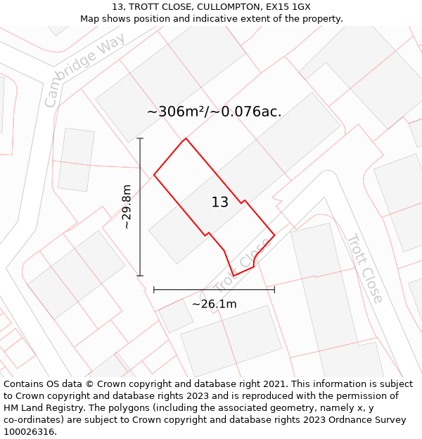 13, TROTT CLOSE, CULLOMPTON, EX15 1GX: Plot and title map