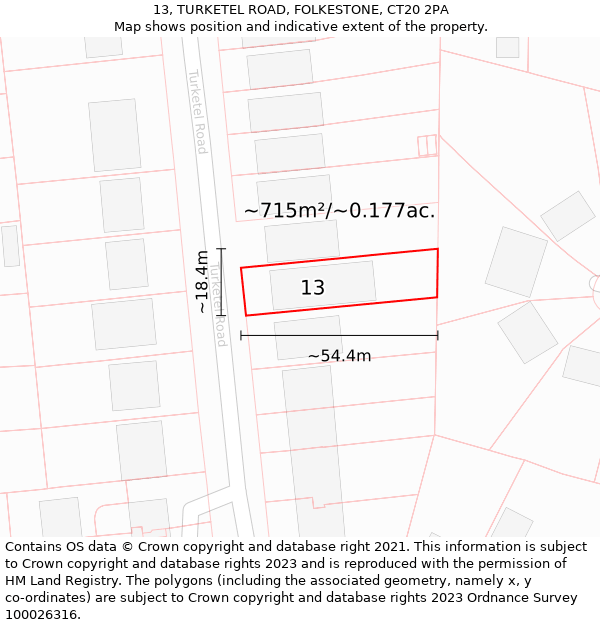 13, TURKETEL ROAD, FOLKESTONE, CT20 2PA: Plot and title map