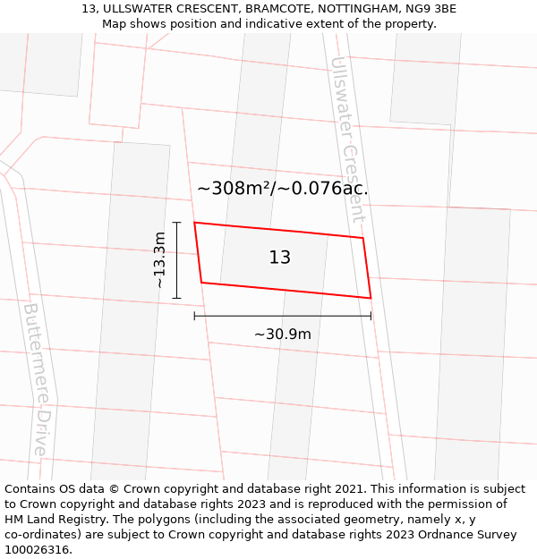 13, ULLSWATER CRESCENT, BRAMCOTE, NOTTINGHAM, NG9 3BE: Plot and title map