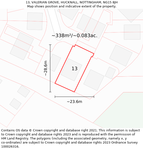 13, VALERIAN GROVE, HUCKNALL, NOTTINGHAM, NG15 8JH: Plot and title map