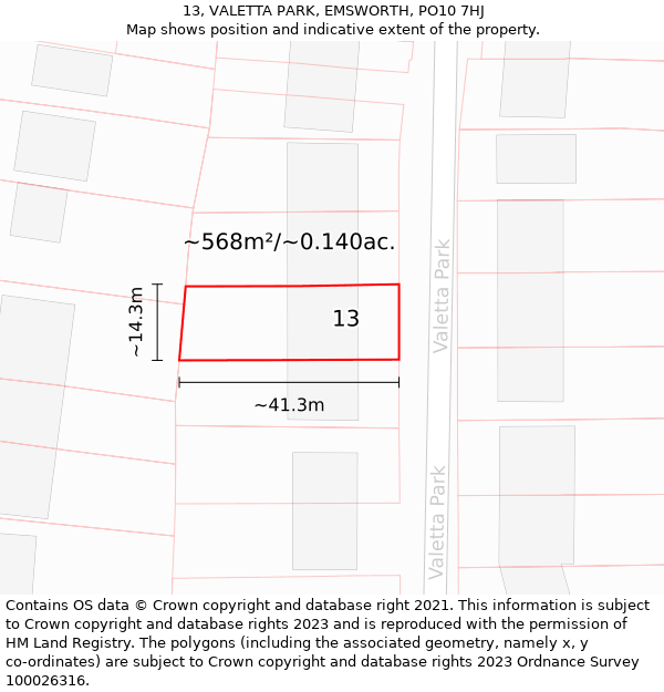 13, VALETTA PARK, EMSWORTH, PO10 7HJ: Plot and title map