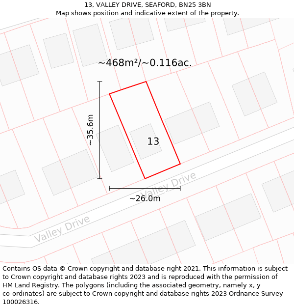 13, VALLEY DRIVE, SEAFORD, BN25 3BN: Plot and title map