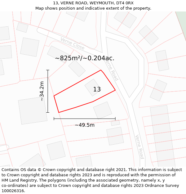 13, VERNE ROAD, WEYMOUTH, DT4 0RX: Plot and title map