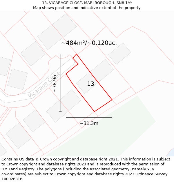 13, VICARAGE CLOSE, MARLBOROUGH, SN8 1AY: Plot and title map