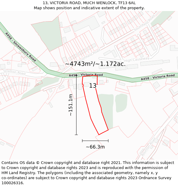 13, VICTORIA ROAD, MUCH WENLOCK, TF13 6AL: Plot and title map