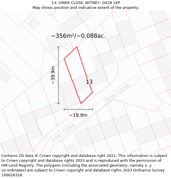 13, VINER CLOSE, WITNEY, OX28 1EP: Plot and title map