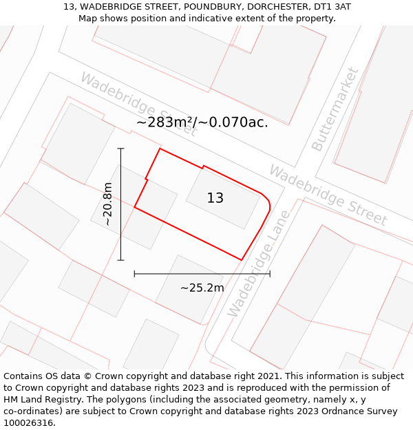 13, WADEBRIDGE STREET, POUNDBURY, DORCHESTER, DT1 3AT: Plot and title map