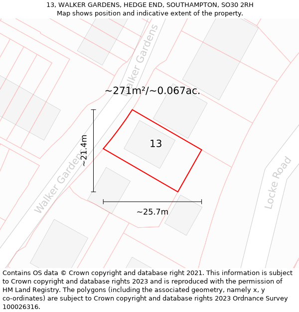 13, WALKER GARDENS, HEDGE END, SOUTHAMPTON, SO30 2RH: Plot and title map