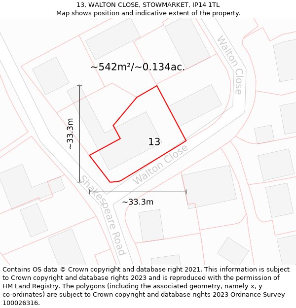 13, WALTON CLOSE, STOWMARKET, IP14 1TL: Plot and title map