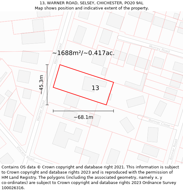 13, WARNER ROAD, SELSEY, CHICHESTER, PO20 9AL: Plot and title map