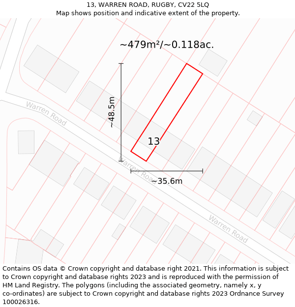 13, WARREN ROAD, RUGBY, CV22 5LQ: Plot and title map