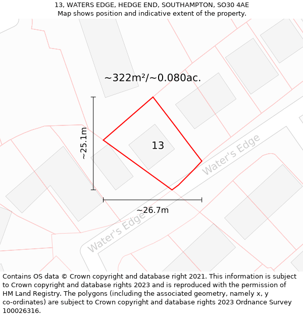 13, WATERS EDGE, HEDGE END, SOUTHAMPTON, SO30 4AE: Plot and title map