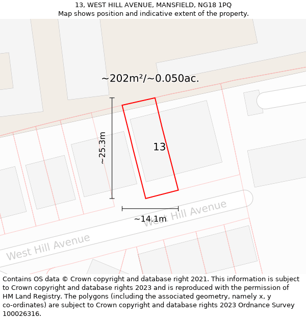 13, WEST HILL AVENUE, MANSFIELD, NG18 1PQ: Plot and title map