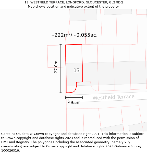 13, WESTFIELD TERRACE, LONGFORD, GLOUCESTER, GL2 9DQ: Plot and title map