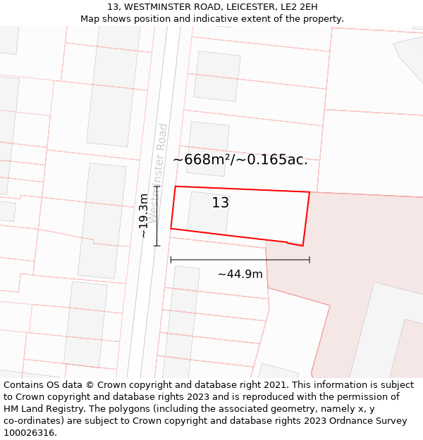 13, WESTMINSTER ROAD, LEICESTER, LE2 2EH: Plot and title map