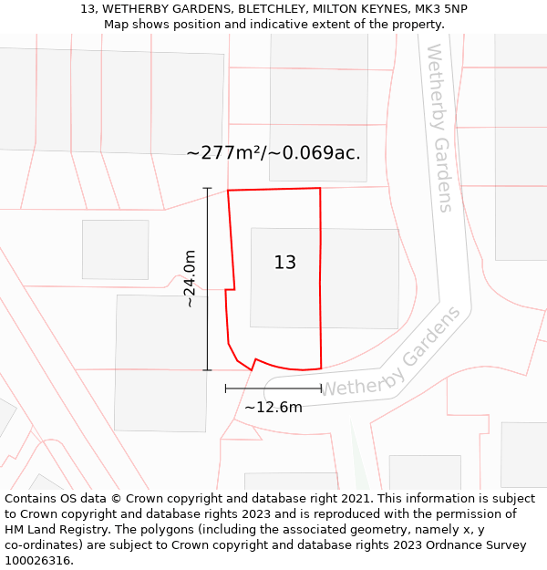 13, WETHERBY GARDENS, BLETCHLEY, MILTON KEYNES, MK3 5NP: Plot and title map