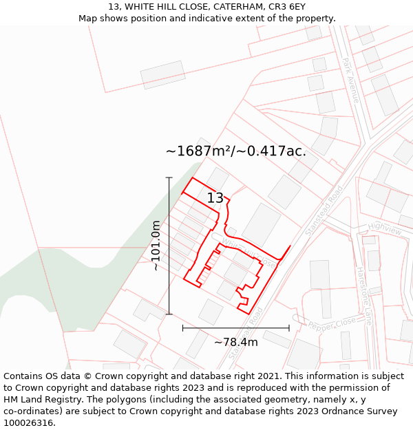 13, WHITE HILL CLOSE, CATERHAM, CR3 6EY: Plot and title map