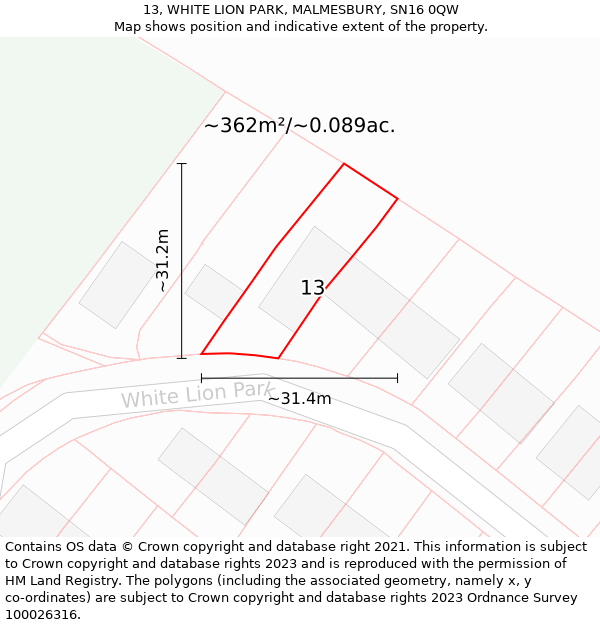 13, WHITE LION PARK, MALMESBURY, SN16 0QW: Plot and title map