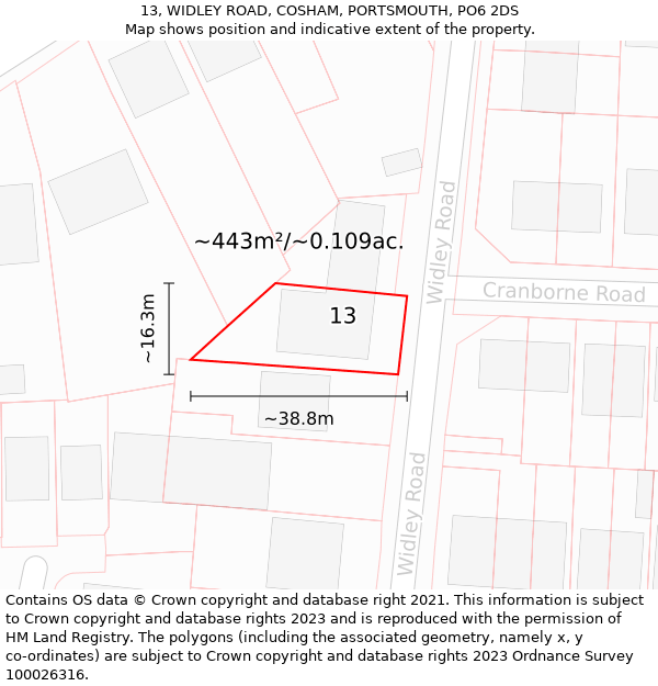 13, WIDLEY ROAD, COSHAM, PORTSMOUTH, PO6 2DS: Plot and title map