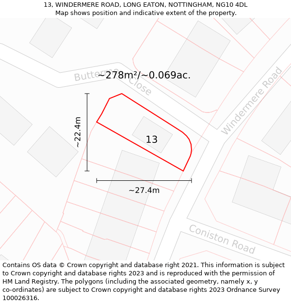 13, WINDERMERE ROAD, LONG EATON, NOTTINGHAM, NG10 4DL: Plot and title map