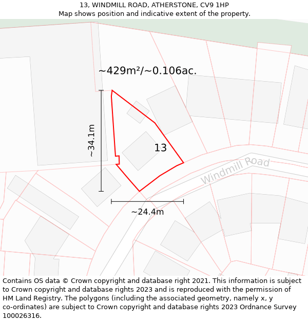 13, WINDMILL ROAD, ATHERSTONE, CV9 1HP: Plot and title map