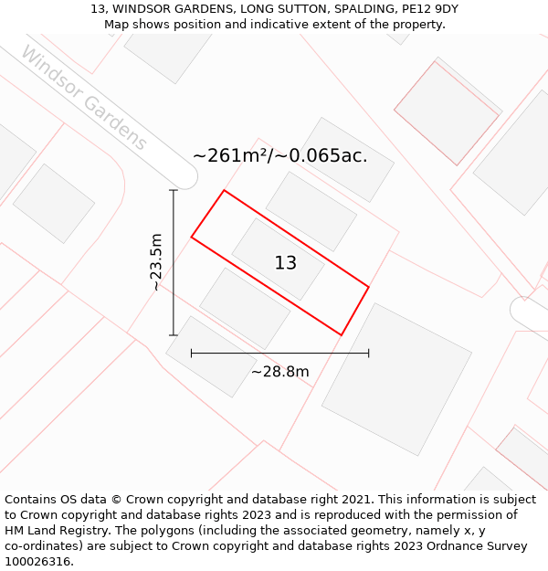 13, WINDSOR GARDENS, LONG SUTTON, SPALDING, PE12 9DY: Plot and title map