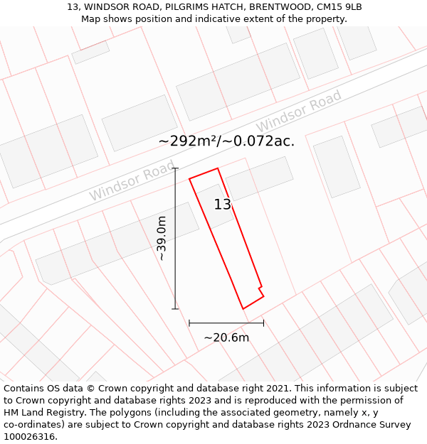 13, WINDSOR ROAD, PILGRIMS HATCH, BRENTWOOD, CM15 9LB: Plot and title map