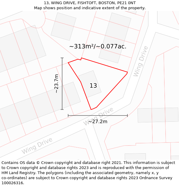 13, WING DRIVE, FISHTOFT, BOSTON, PE21 0NT: Plot and title map