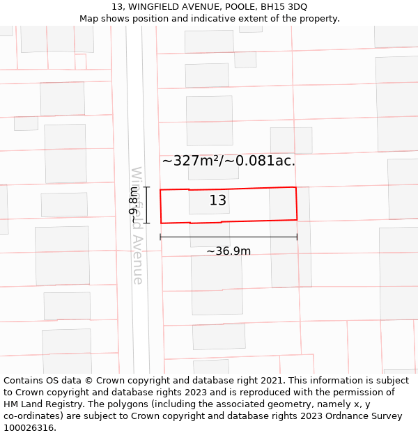 13, WINGFIELD AVENUE, POOLE, BH15 3DQ: Plot and title map