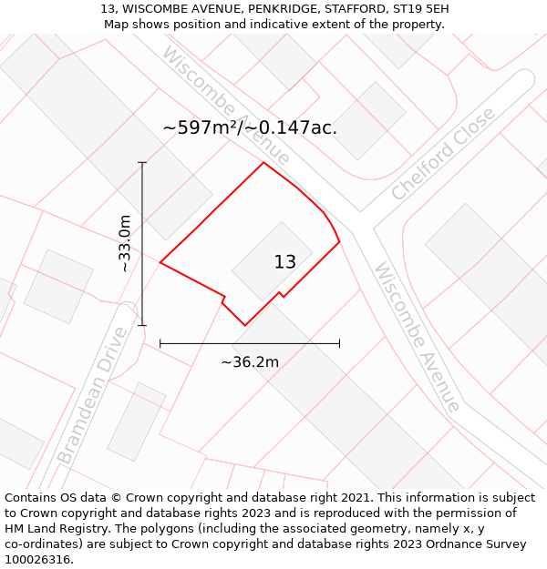 13, WISCOMBE AVENUE, PENKRIDGE, STAFFORD, ST19 5EH: Plot and title map