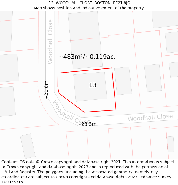 13, WOODHALL CLOSE, BOSTON, PE21 8JG: Plot and title map