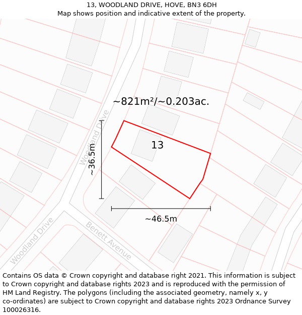 13, WOODLAND DRIVE, HOVE, BN3 6DH: Plot and title map