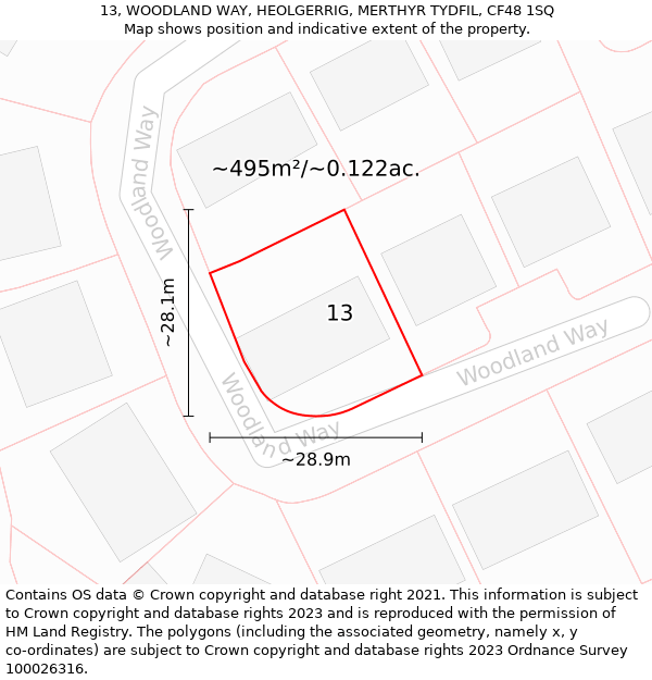 13, WOODLAND WAY, HEOLGERRIG, MERTHYR TYDFIL, CF48 1SQ: Plot and title map