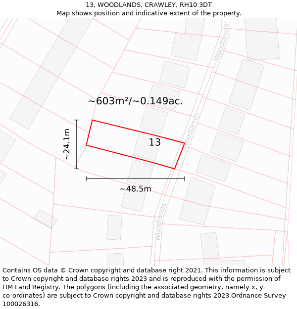 13, WOODLANDS, CRAWLEY, RH10 3DT: Plot and title map